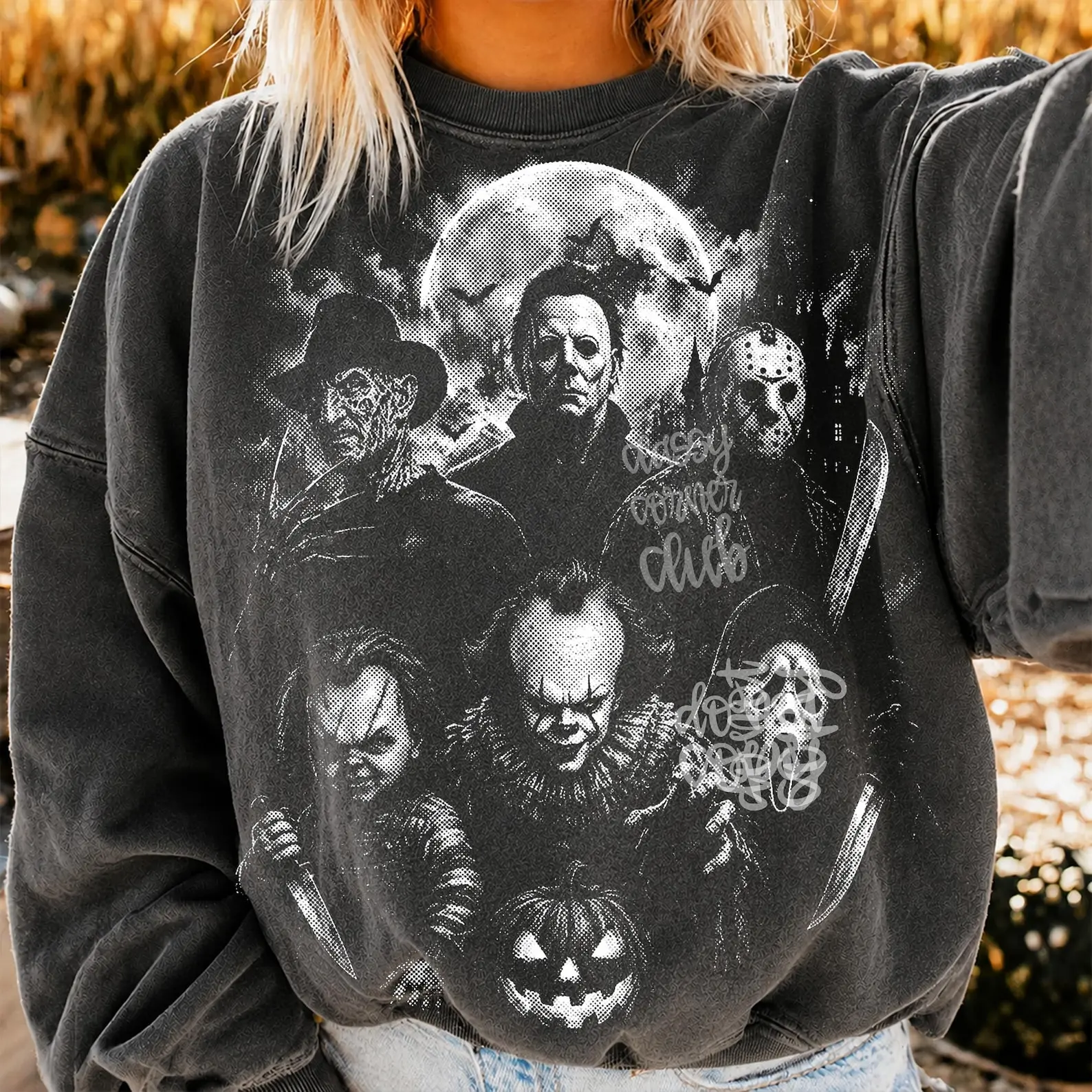Classic Halloween Horror Characters Sweatshirt, Vintage Halloween Shirt Graphic, Spooky Season Halftone Design, Vintage Scary Movie