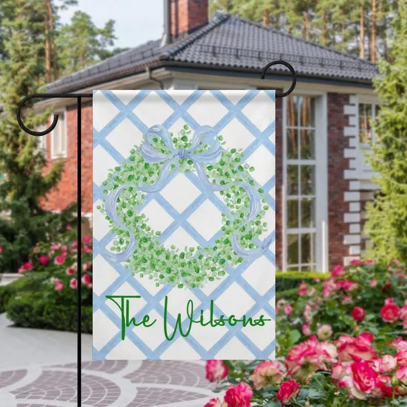 Custom Garden Flag, Preppy Bow Wreath Coquette Flag, Plaid Patio Decor 12“x18”