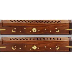Handmade Wooden Incense Burner Set - Coffin Design with Sun Moon Inlay - Aromatherapy Ash Catcher for Home Decor - Reusable Cone and Stick Holder - Natural Sheesham Wood Room Freshener - Zen Gift 12x2x2 Inches Scented Perfume