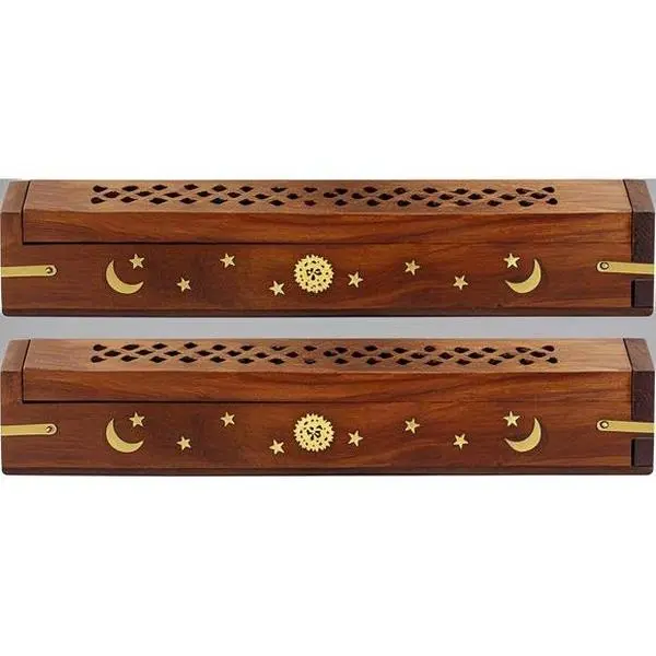 Handmade Natural Sheesham Wood Incense Burner 2-Pack - Coffin Design with Sun & Moon Inlays, Reusable Cone-Stick Holder, Aromatherapy Ash Catcher, Home Decor Zen Gift for Work, Sleep Aid, Stress Relief, Meditations (12x2x2 in)