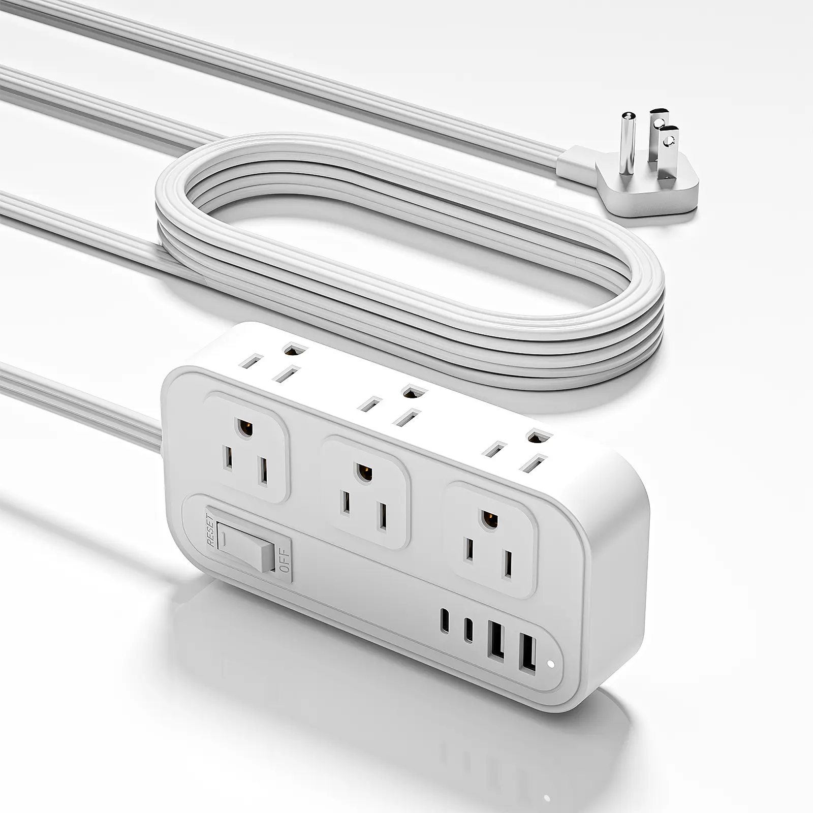 10-in-1 Power Adapter With 2 USB Outlets, 2 Type-C Outlet And 6 AC Socket Outlets, 5 /10Ft Flat Extension Cord, A Wall Socket, with Surge Protector, Easy To Carry, Suitable For Home, Office And Travel