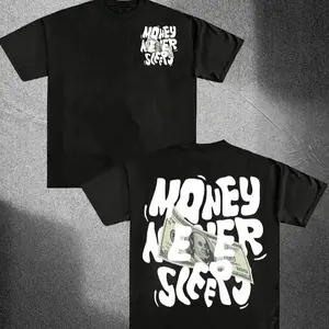 Money Never Sleeps, Men's Round Neck Short-Sleeve Casual T-Shirt, Retro Trendy Print, Unisex, Loose Fit, 220 GSM, Machine Washable, Perfect for Holiday Travel & Casual Attire