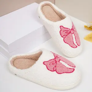 Women’s Soft Plush Slippers Bowknot Print Comfortable Warm Home Indoor Outdoor Shoes
