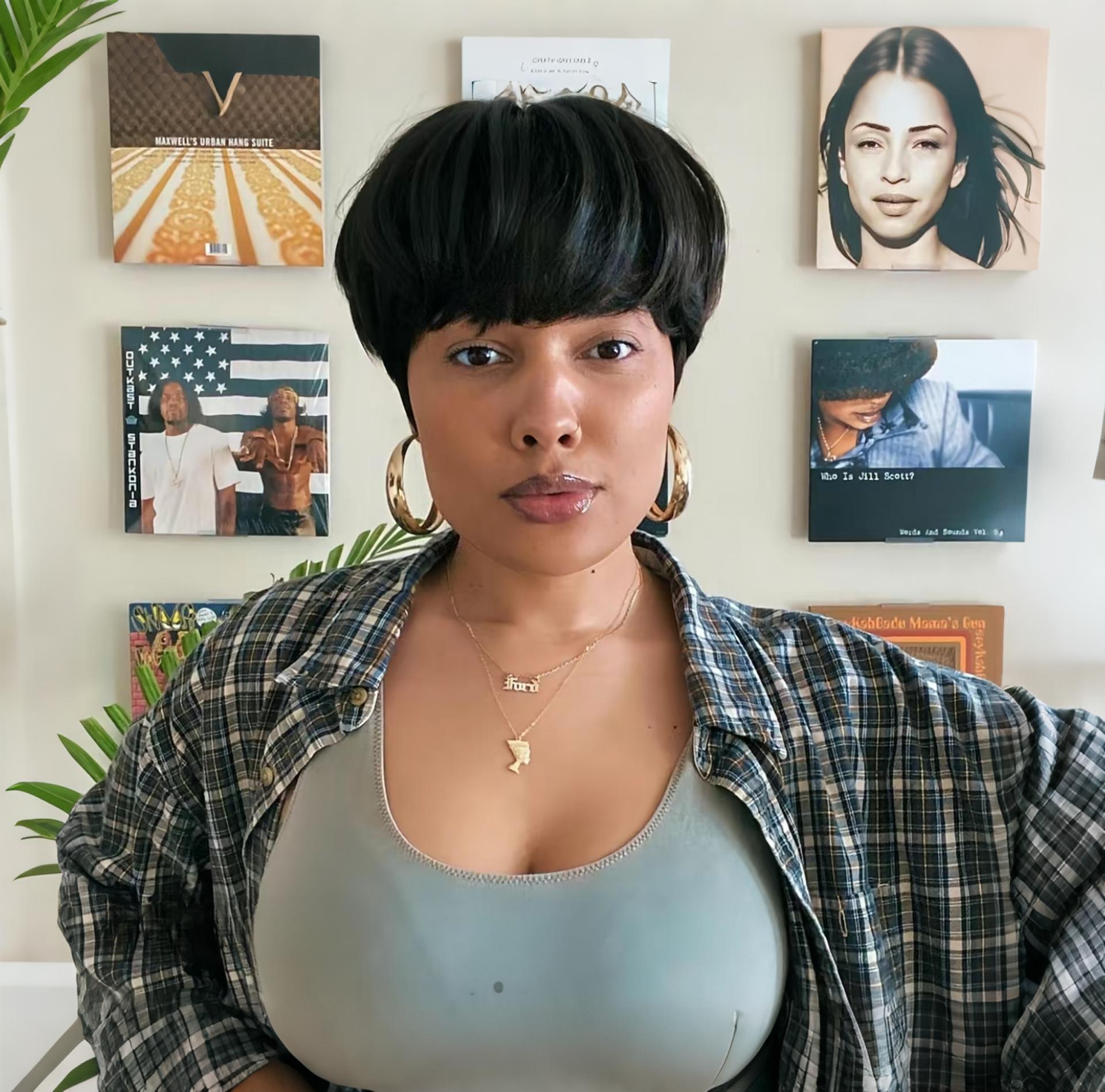 OPQHAIR Natural Black  Straight Hair Women' Glueless Short Pixie Wig Human Hair Bob with Bangs Suitable for Summer, Music Festivals, Parties