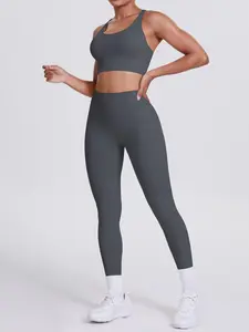 Two-piece Set Women's Solid Crop Sports Bra & High Waist Leggings Tracksuit Set, Sporty Breathable Comfy Outfits for Yoga Gym Workout Running, Women Tracksuits for Summer, Yoga Workout Activewear, Yoga Clothes Set, Workout Sets Women, Sporty Style Clothes