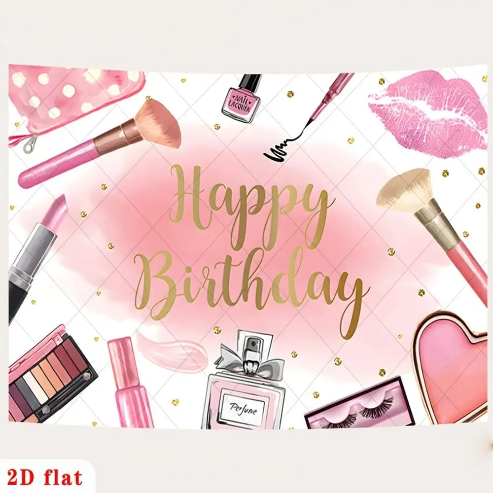 Glam Pink Summer-Vibe Birthday Backdrop Banner, 1pc 2D Flat Polyester Banner with Golden Script, Glitter Lip Print & Makeup Tools Theme, Festive Home Party Decor, Party Decoration Supplies,summerwins