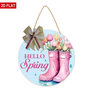 Funny Spring Decor - Rustic Spring and Welcome Door Hanging Sign for Front Door Porch Wall Patio and Yard - Hello Spring Rain boots and tulips Round Wooden door Sign, 12 inch