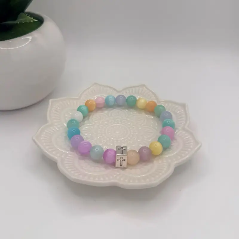 Easter Bloom Bracelet with Rainbow Selenite Beads and Cross Charm for Festive Style
