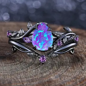 2pcs Elegant Luxury Water Drop Synthetic Opal Vine Leaf Engagement Wedding Rings - Vintage Style Copper Jewelry with Sparkling Accents, Ideal for Parties & Valentine'S Day Gift, Wedding Jewelry