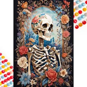 5D DIY Diamond Art Painting Kit, Skull Floral Design, Full Drill Round Art Set, Canvas Wall Decor, Perfect Gift for Birthday