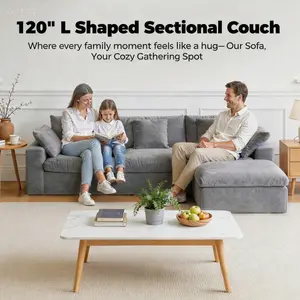 HipyMo 120" Modular Sectional Cloud Couch with Ottoman & Extra-Wide Armrests, Deep Seat Linen L-Shaped Couch / Sofa Bed for Living Room, Comfort & Stylish Design, No Assembly Required