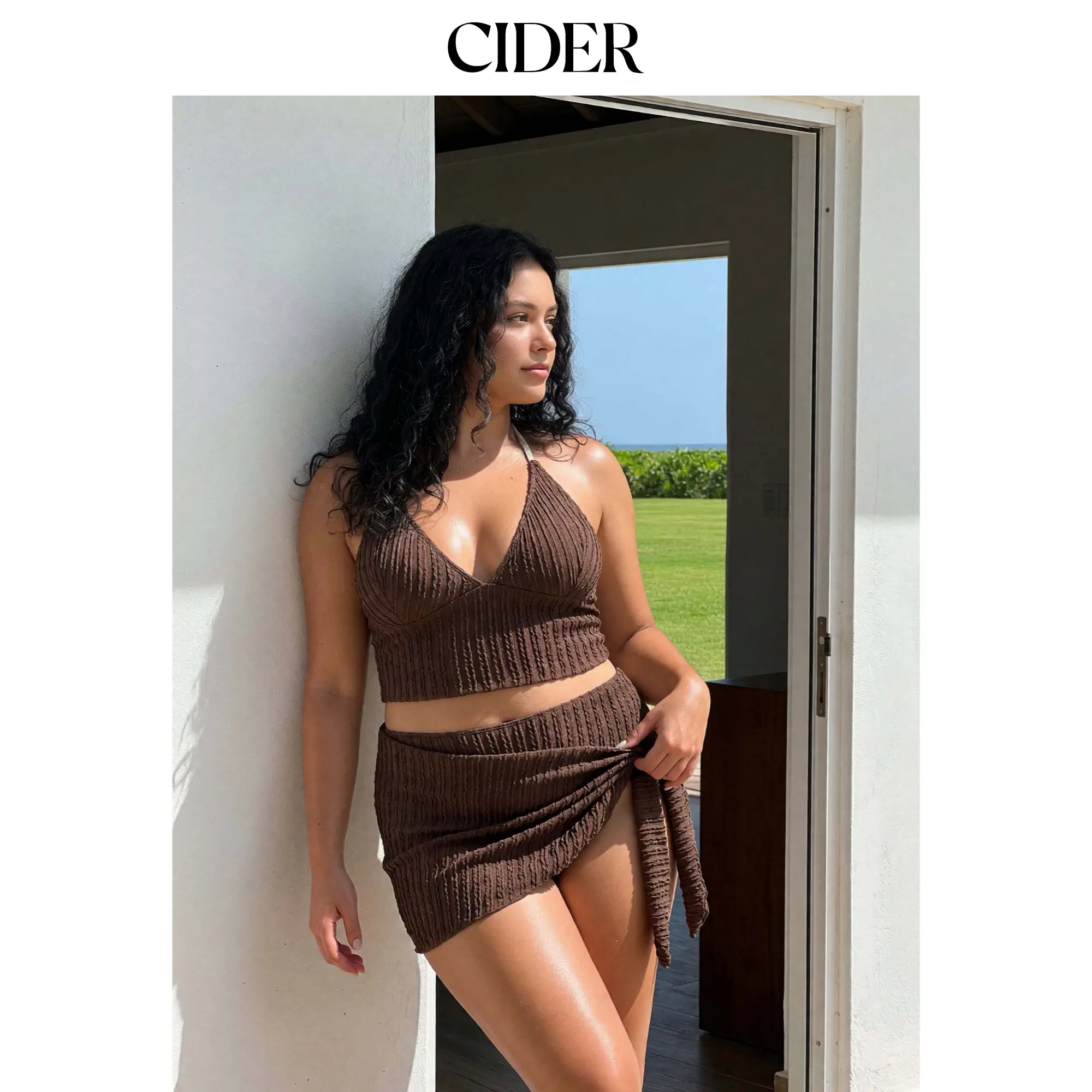 Cider Textured Halter Mid Rise Tie Bikini Set With Sarong Curve & Plus
