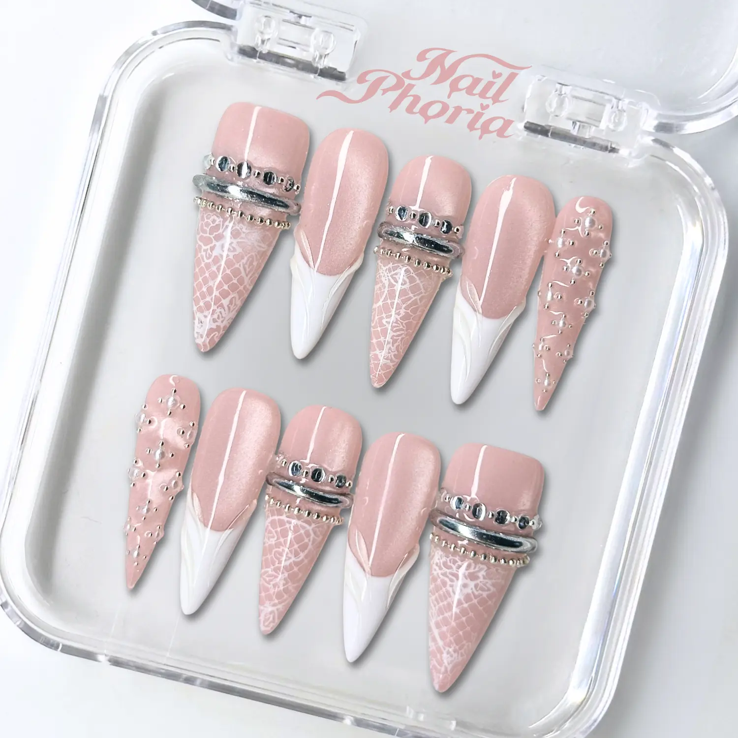 NailPhoria LACE PROMISE -SUMMER Handmade Press-On Nails | Reusable, Salon-Quality, Long-Lasting, Glossy Design