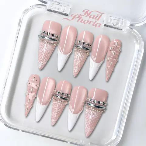 NailPhoria LACE PROMISE -SUMMER Handmade Press-On Nails | Reusable, Salon-Quality, Long-Lasting, Glossy Design