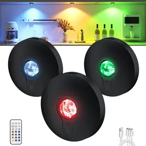 Rechargeable RGB Puck Lights with Remote Control 2000mAh Battery Operated Dimmable Wireless LED Cabinet Closet Shelf Kitchen Counter Lighting Tap-On Stick-On Magnetic Mount Home Decor Under Cabinet Lighting