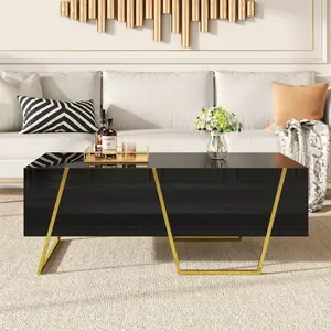 [Bellemave]Modern Rectangular High Gloss Coffee Table for Living Room with Storage and Gold Base, 4 drawers, Black, 47.2"