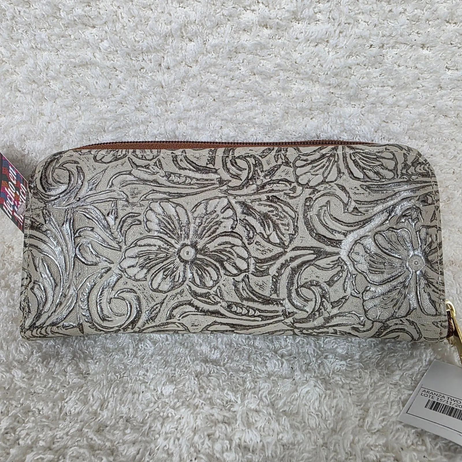 Light Beige with Metallic Finish Floral Embossed Leather Double Zip Wallet