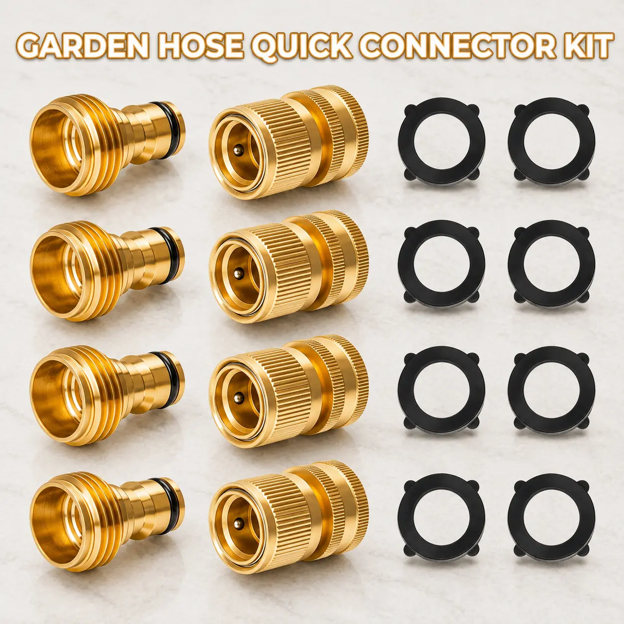 Garden Hose Quick Connect Solid Brass Garden Hose Connector Water Hose Connectors Easy Connect Fittings Standard 3/4 inch GHT 2 Complete Sets female & Male Free Washers & Gaskets