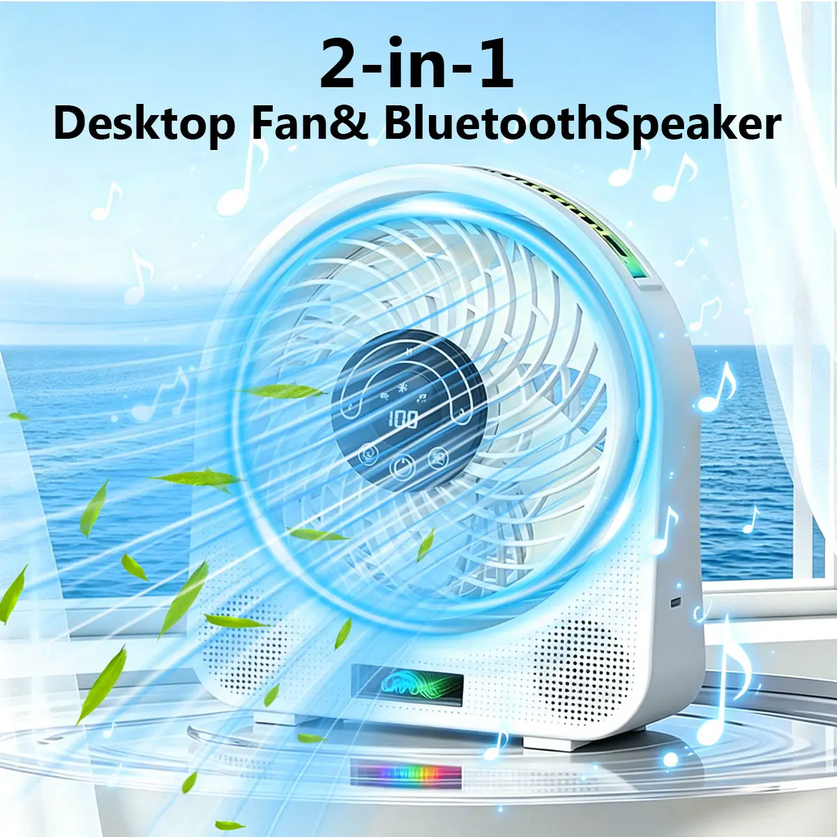 LAMJIE 2-in-1 Desktop Fan with Bluetooth Speaker, 14 Light Modes & 8H Runtime, LED Display,  Smart Playback Rechargeable Personal Fan for Office, Bedroom & Camping, Powerful Bass & Stereo Audio Cooling Fan, Summer Must-Have