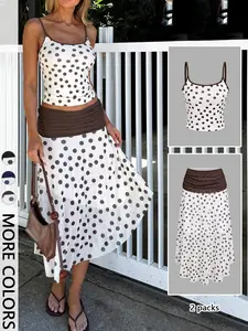 2-Piece Polka Dot Set: Spaghetti Strap Crop Top & Asymmetrical Midi Skirt - Perfect for Summer Vacation & Casual Outings