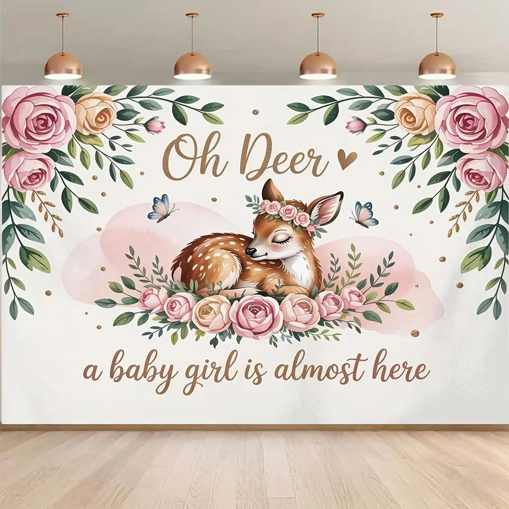 1pc 2D Flat Esign Banner - Romantic Fawn Theme "oh Deer, a Baby Girl is Almost Here" Pattern Backdrop Fabric, Polyester Fiber, Ideal Photo Booths, Decorations, Studio Props