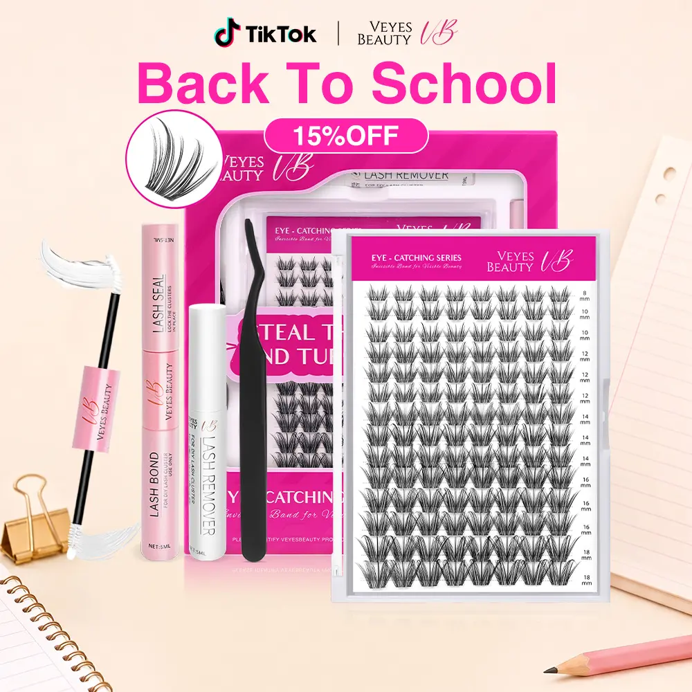 VEYESBEAUTY VB-Plume Cluster Lashes Ultra-thin Extremely Fine Invisible Band False Eyelash Wispy Faux Mink Lash Mixed Length DIY Eyelash Extension for Self Makeup Cosmetic Application at Home