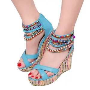 getmorebeauty Women's Wedge Sandals With Pearls Across The Top Platform Sandals