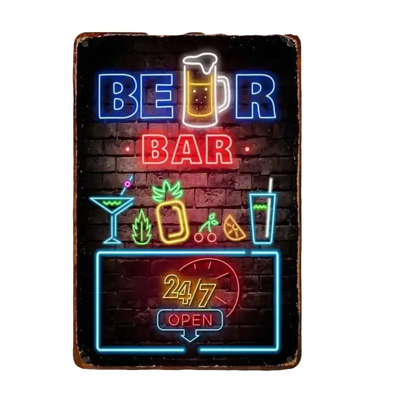 Neon Beer Bar Tin Sign - 8x12 In (20x30cm/11.81x7.87 In) Iron Metal Wall Mount Decor, Bar Decor Wall Plaque for Adults’ Game Room, Home Supplies