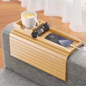 Bamboo Sofa Armrest Table with Detachable Cup Holder, Foldable Non-Slip Bamboo Tray and Cup Holder, Convenient Drink Placement