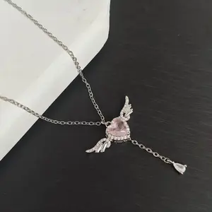 Necklace Cupid Heart Pendant Tassel Necklace — Pink zircon pendant with wings design women’s necklace