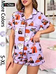 Women's 2-piece pajama set, Loungewear with purple base, full-body cartoon character sofa letter frame pattern print, short sleeves, shorts, soft top with small pockets, lapel design, elastic waistband for daily leisure and home wear
