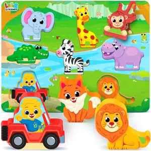 Lucas & Friends Montessori Wooden Wild Animal Puzzle, Toddler Puzzle with Elephant, Lion & More, Learning Toy for Ages 2-4