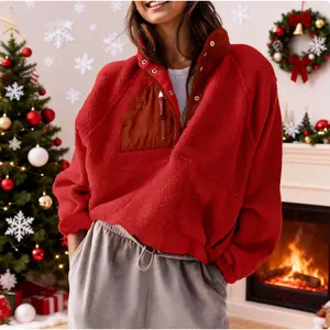 Women’s Lightweight Fleece Pullover Jacket Cropped Fall Winter Fuzzy Sherpa Jacket Sweatshirt Coat with Pockets#Christmas,Halloween