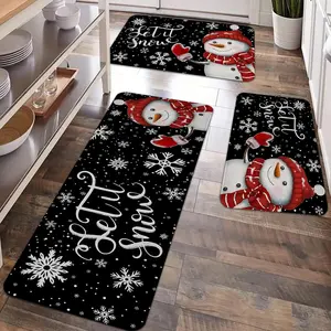 2/3pcs Christmas kitchen carpet floor mat, Merry Christmas flannel floor mat, cute snowman, snow pattern anti slip & dirt resistant soft floor mat for kitchen, entrance door, laundry room, bathroom, living room, decoration, Washable Rug, Kitchen Rugs Sets