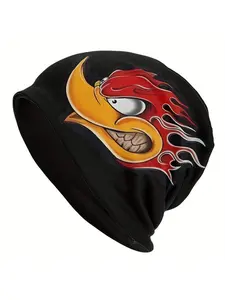 [Woodpecker Graphic Beanie Hat] Stylish Black Knit Skull Cap with Vibrant Flame Design - Woodpecker Graphic Beanie Hat for Men, Comfortable & Warm, Perfect for Outdoor Activities