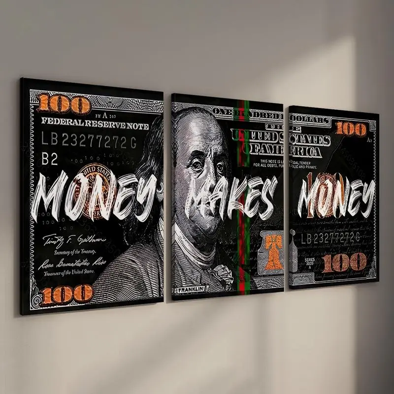 3-Count Wooden Framed Artistic Money Makes Money Canvas Print Set, Waterproof Inspirational Dollar Bill Pop Art Decoration, Ready-to-Hang Home Wall Decor for Living Room, Perfect Gift