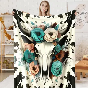 Watercolor Turquoise Rose Bull Skull Art Blanket, 1 Count Cozy Flannel Fleece Throw, Rustic Western Decor Blanket for Sofa