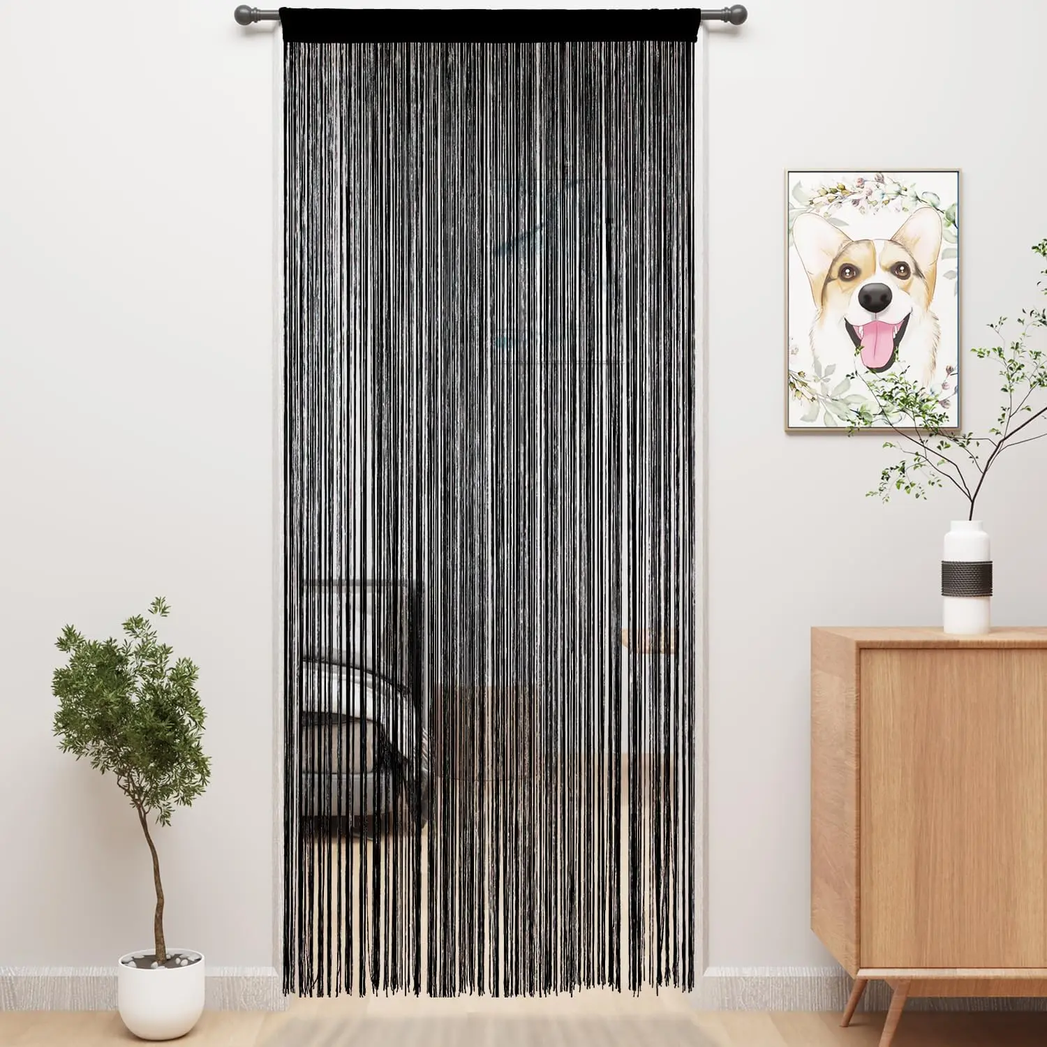 Bohemian Fringe Door String Curtains, 39in x 79in Indoor Privacy Screen, Home Decor Hanging Divider for Bedroom, Bar, Kitchen Door & Window (Black)