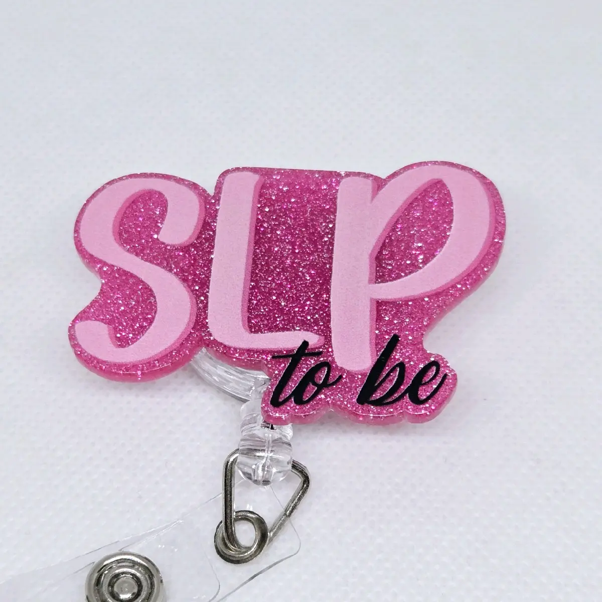 SLP to Be Speech Language Pathologist Pink Glitter Acrylic Retractable Badge ID Reel Belt or Alligator Clip id badge hospital worker great gift retractable clip