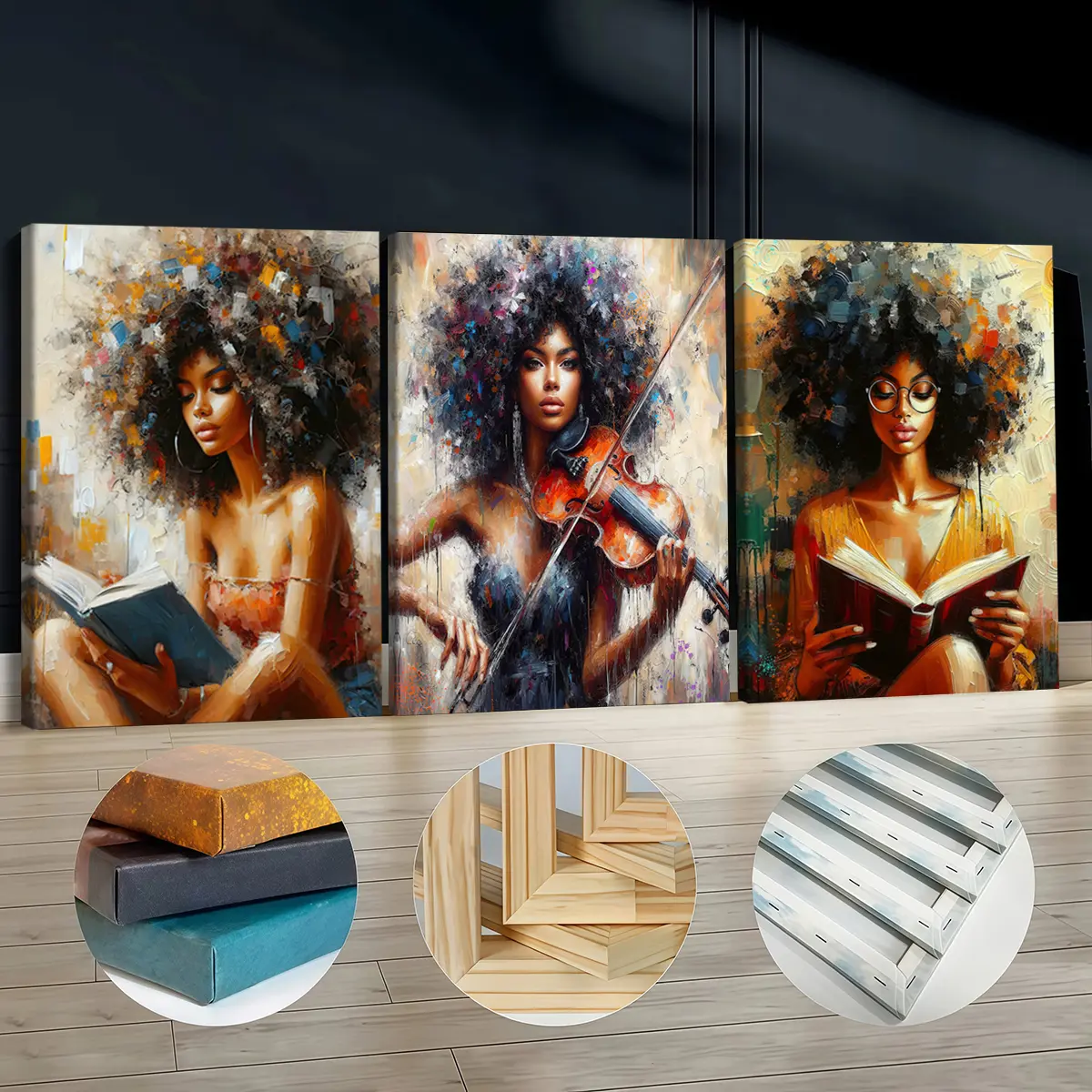 3-Pcs Artistic Wooden Framed Canvas Painting Set - African American Women With Violin And Books Design, Waterproof Odorless Wall Art, Home Supplies, Living Room Decor, Kid Room & Bar Decor Inspo