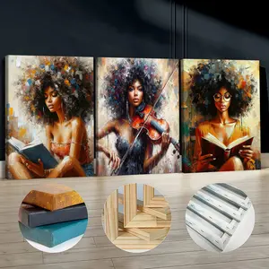 3Pcs Wooden Framed Canvas Painting, African American Women With Violin And Books Images, Exquisite Poster, Home Decoration, Pattern Wall Art Decor, For Living Room, Bedroom, Office, Restaurant, Bar Wall Decor, Waterproof, Odorless, Painting, Print Artwork