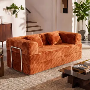 78.7 Inch Folding Convertible Sofa Bed, Boneless Couch with Metal Frame, Corduroy Pull Out Couches with Armrests and Pillows for Living Room, Bedroom, Apartment, Lounge (Rust Red)