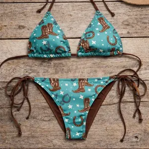 Turquoise Cowboy Boot Print String Bikini Set, Western Cowgirl Swimsuit Summer Beachwear