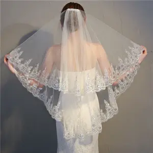 Short Wedding Veil with Sparkly Lace Trim - Elegant Scalloped Edge Bridal Tulle - Perfect for Glam TikTok Brides
