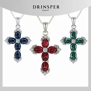 Drinsper Colourful Crystal Cross Pendant Necklace for Women Men Vintage Sparkle Faith Cross Suitable for Daily Wearing Birthday Party Fashion Jewelry Gift Accessory