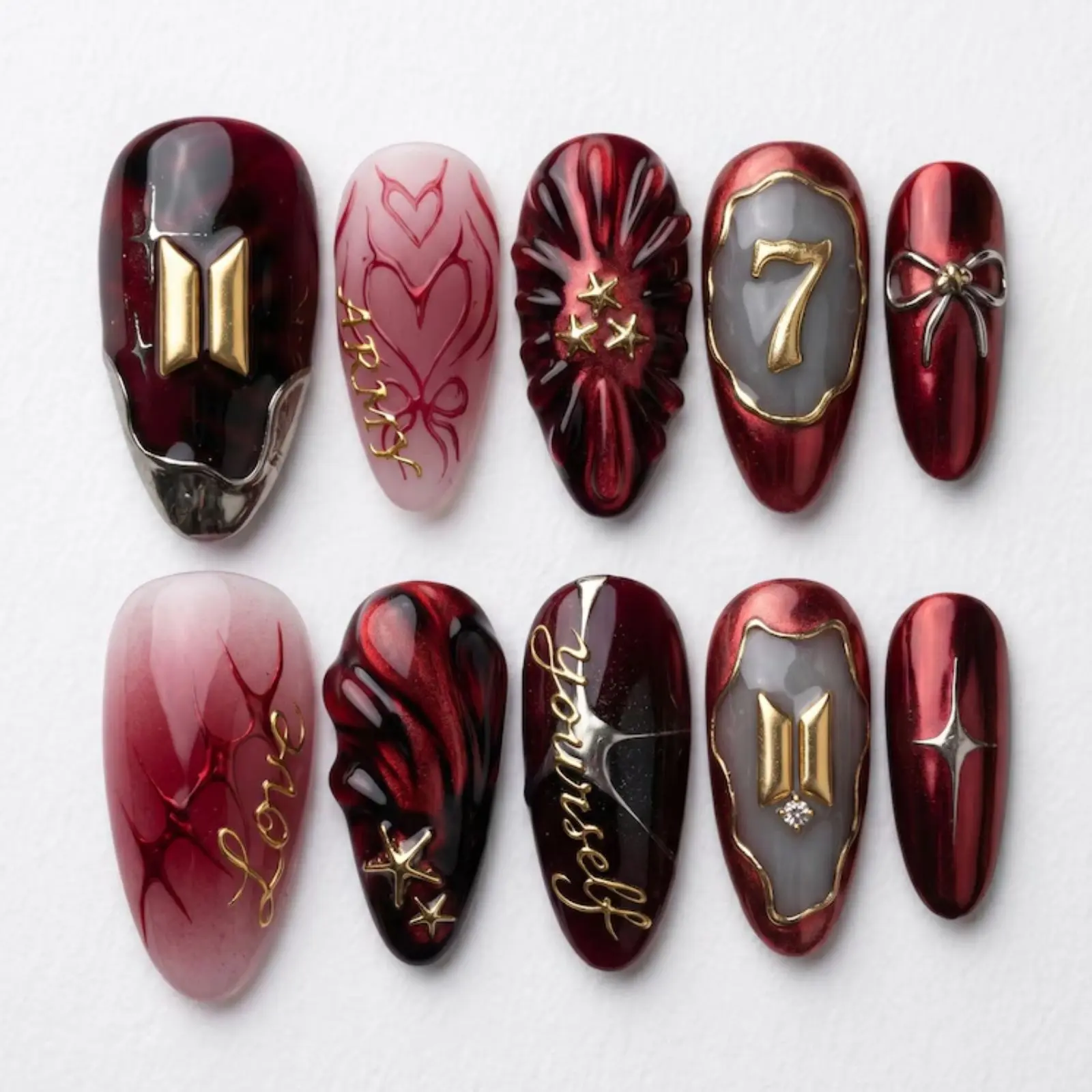 Burgundy Idol Inspired Press On Nails | Red Chrome Concert Nail Set | Luxury Kpop Gold Bow & Lucky 7 Gel Nails | Handmade Reusable
