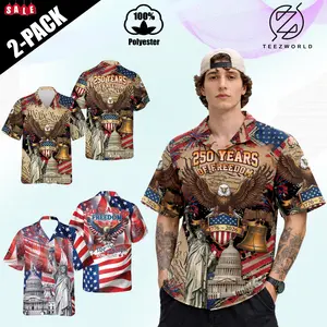 [Pack - 2] USA 250th Anniversary Hawaiian Tee Shirt 1776-2026 Patriotic Eagle Button Down Tee American Flag Fireworks Tropical Shirt Statue Of Liberty America 250 Years Of Freedom Faith Independence Day Gift Aloha Summer Tee