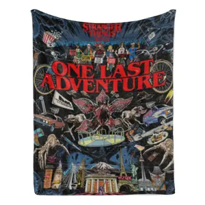Stranger Things One Last Adventure Flannel Blanket, Retro 80s Hawkins Demogorgon Collage Throw, Soft Cozy Fleece Blanket, Netflix Horror Show Merch, Upside Down Themed Room Decor, Warm Throw for Couch Bed, Perfect Gift for Fans