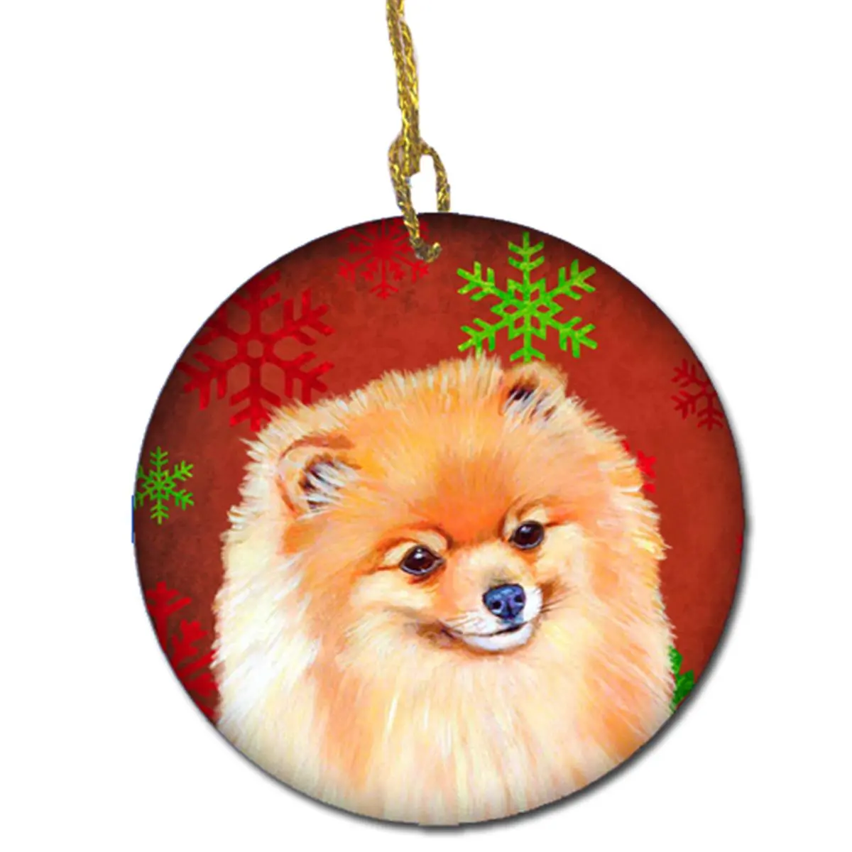 Porcelain Corded Red Snowflake Pomeranian Themed Christmas Ornament, 2.81x0.15x2.81in Gloss White Paintable Back Customizable Christmas Home Holidays Decor Gift