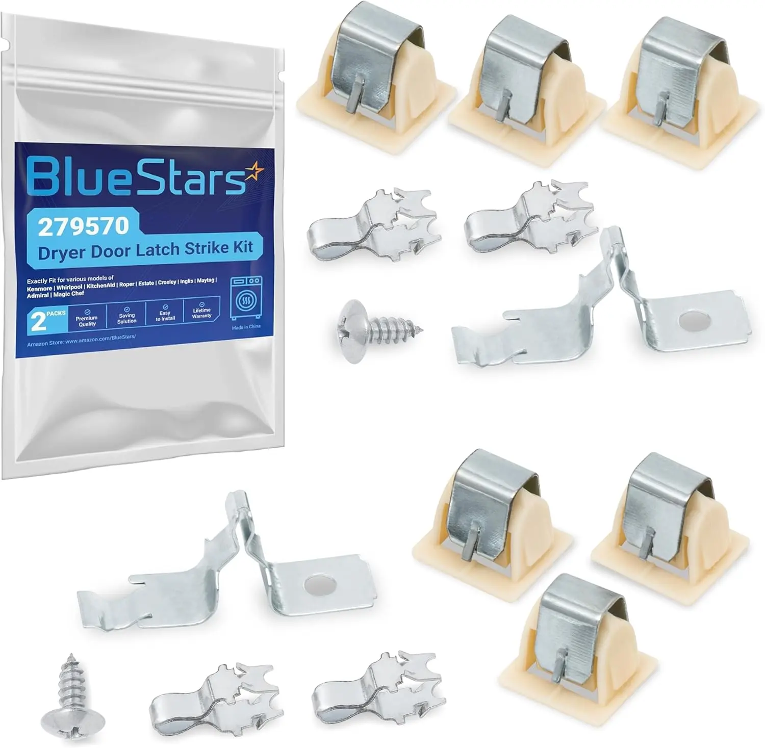 [6 PAIRS] BlueStars 279570 Dryer Door Latch Strike Kit PS334230 AP3094183 14205029 236877 420198 423232 EED4300TQ0 LTE5243DQ6 - Complete Repair Pack Fits GE Whirlpool Kenmore Roper KitchenAid Dryers